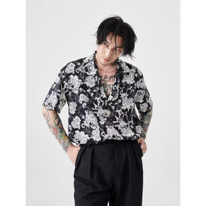 Hawaiian Black And White Camellia Summer New Short Sleeve Shirt