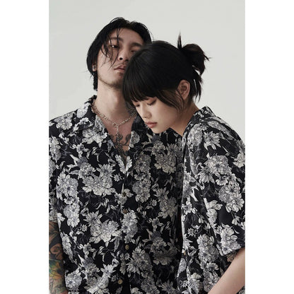 Hawaiian Black And White Camellia Summer New Short Sleeve Shirt