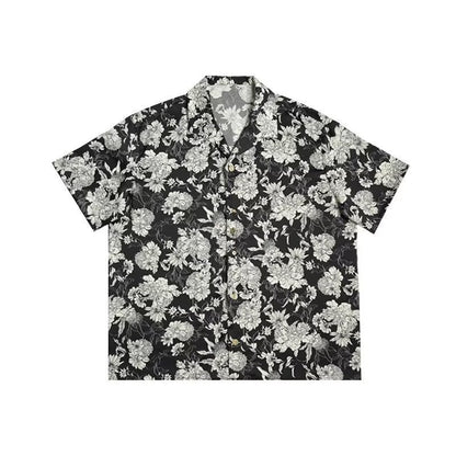Hawaiian Black And White Camellia Summer New Short Sleeve Shirt