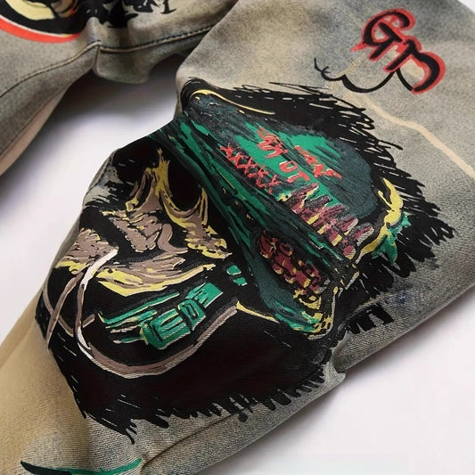 Slim-fit Stretch Ripped Embroidered Vintage Patch Jeans