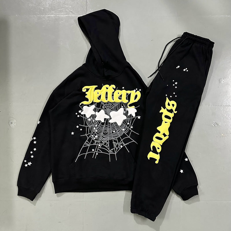 Stars Foam Spider Web Printing Loose Hooded Sweat Casual Pants Suit