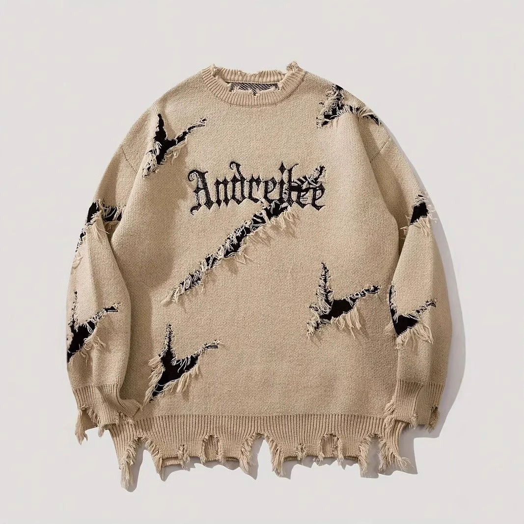 New Personality Street Jacquard Ripped Frayed Vintage Loose Sweater