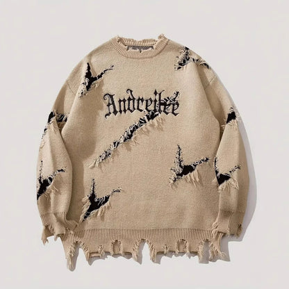 New Personality Street Jacquard Ripped Frayed Vintage Loose Sweater