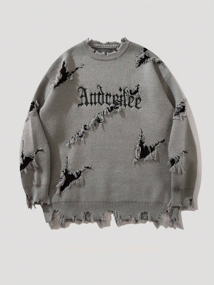 New Personality Street Jacquard Ripped Frayed Vintage Loose Sweater