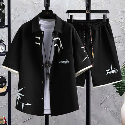 New Chinese Style National Style Suit Men's Summer Short Sleeve Shirt Shorts Wear A Set Of Casual Sports Clothes