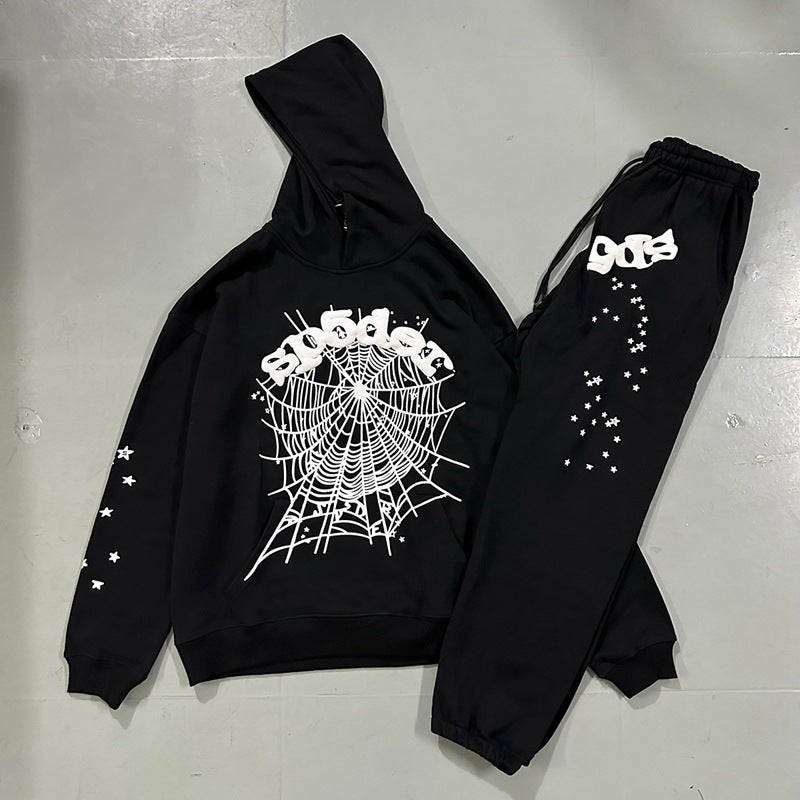 Stars Foam Spider Web Printing Loose Hooded Sweat Casual Pants Suit