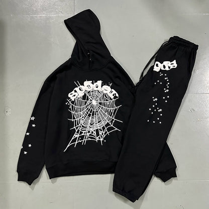 Stars Foam Spider Web Printing Loose Hooded Sweat Casual Pants Suit