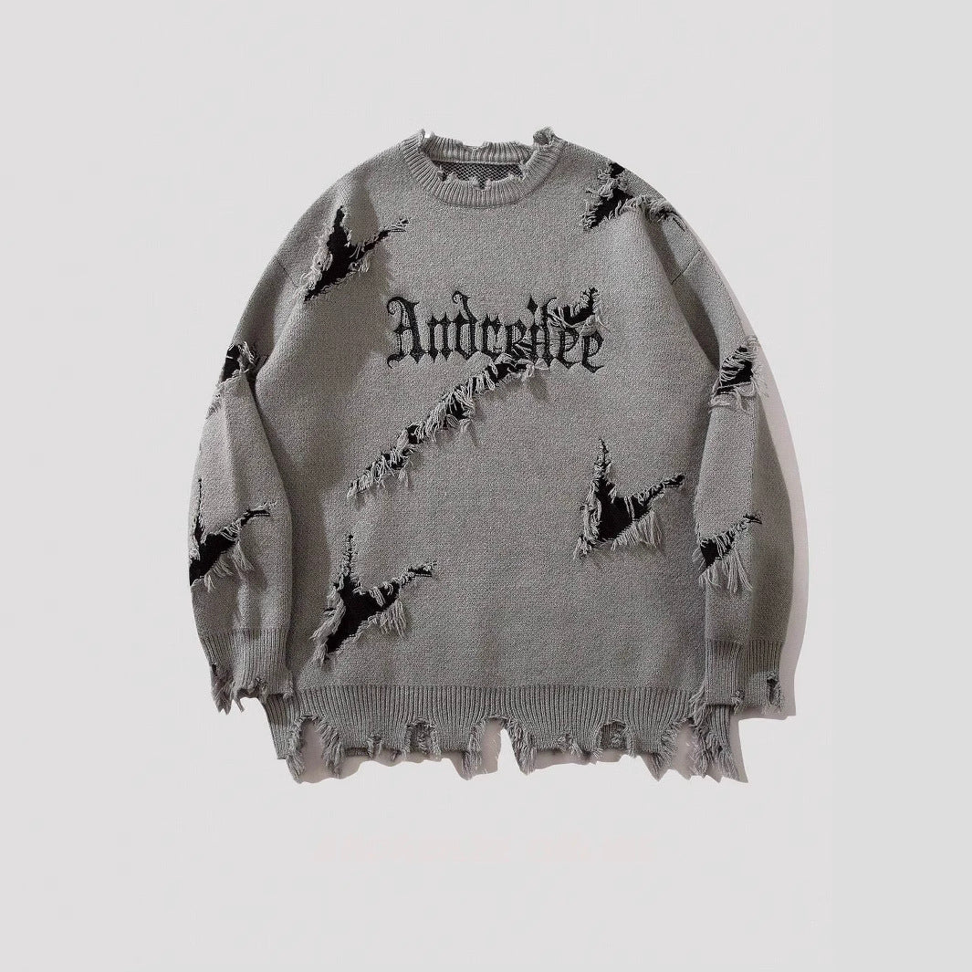 New Personality Street Jacquard Ripped Frayed Vintage Loose Sweater