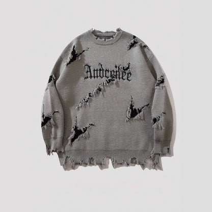 New Personality Street Jacquard Ripped Frayed Vintage Loose Sweater