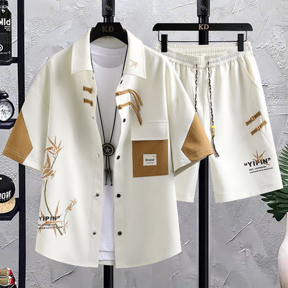 New Chinese Style National Style Suit Men's Summer Short Sleeve Shirt Shorts Wear A Set Of Casual Sports Clothes