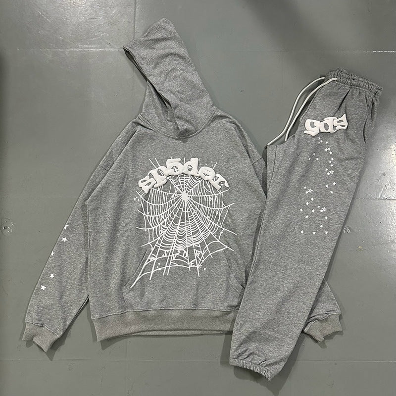 Stars Foam Spider Web Printing Loose Hooded Sweat Casual Pants Suit