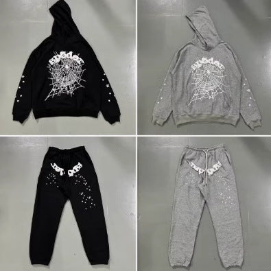Stars Foam Spider Web Printing Loose Hooded Sweat Casual Pants Suit