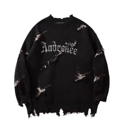 New Personality Street Jacquard Ripped Frayed Vintage Loose Sweater