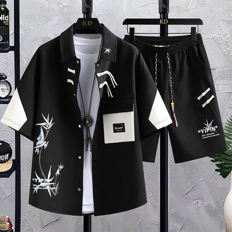 New Chinese Style National Style Suit Men's Summer Short Sleeve Shirt Shorts Wear A Set Of Casual Sports Clothes