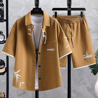 New Chinese Style National Style Suit Men's Summer Short Sleeve Shirt Shorts Wear A Set Of Casual Sports Clothes