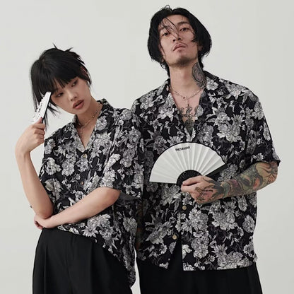 Hawaiian Black And White Camellia Summer New Short Sleeve Shirt